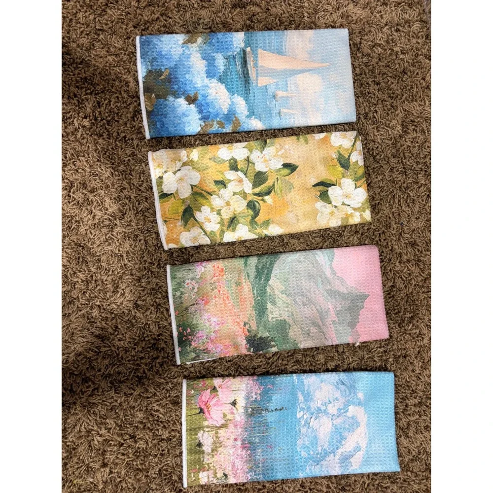 Set of 4 Impressionist Landscape Floral Waffle Weave Kitchen Towels Decorative